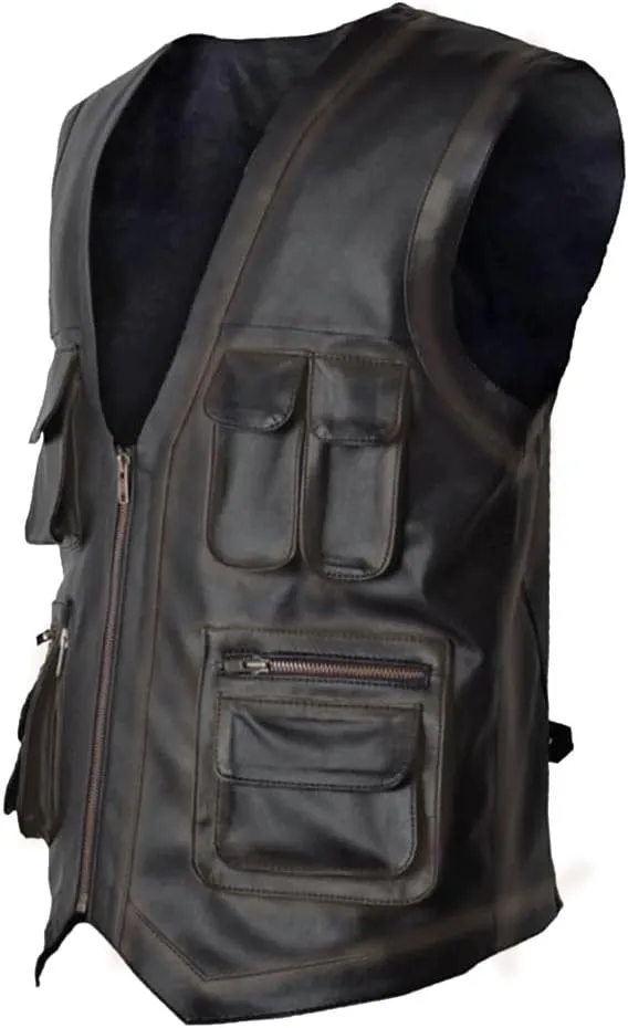 Men's J World's Chris Pratt Owen Grady Brown Vest JW Adventure Chris Pratt Motorcycle Leather Biker Vest