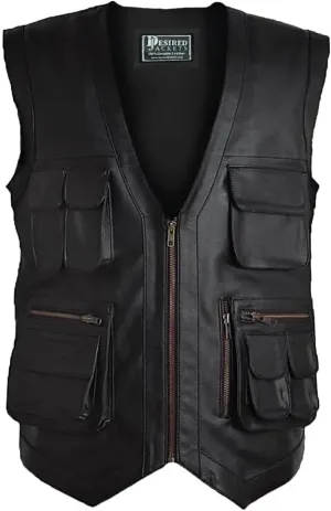Men's J World's Chris Pratt Owen Grady Brown Vest JW Adventure Chris Pratt Motorcycle Leather Biker Vest