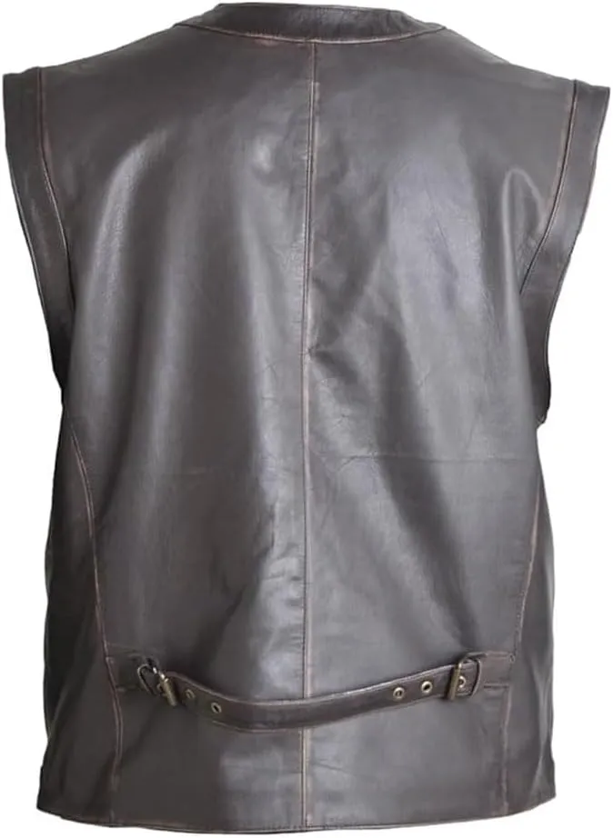 Men's J World's Chris Pratt Owen Grady Brown Vest JW Adventure Chris Pratt Motorcycle Leather Biker Vest