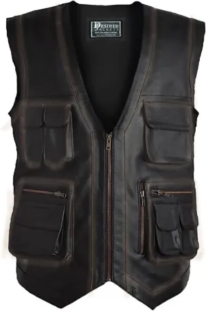 Men's J World's Chris Pratt Owen Grady Brown Vest JW Adventure Chris Pratt Motorcycle Leather Biker Vest