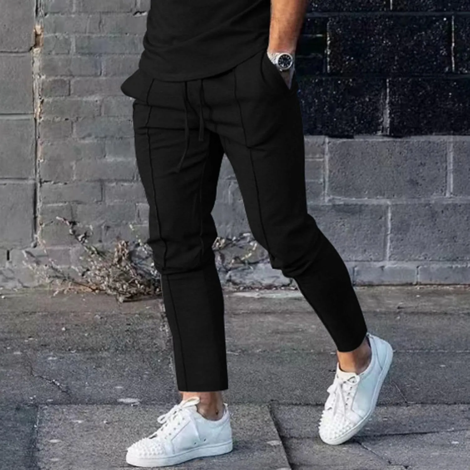 Mens Jogger Plain Pants Slim Fit Elastic Waist Straight Casual Sweatpants Tapered Athletic Workout Trousers