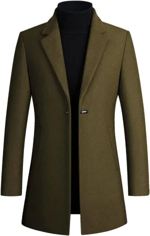 Mens Mid Length Trench Coat Big and Tall Wool Trench Coat Zip Up Pea Coat Slim Fit Lapel Jacket with Pockets