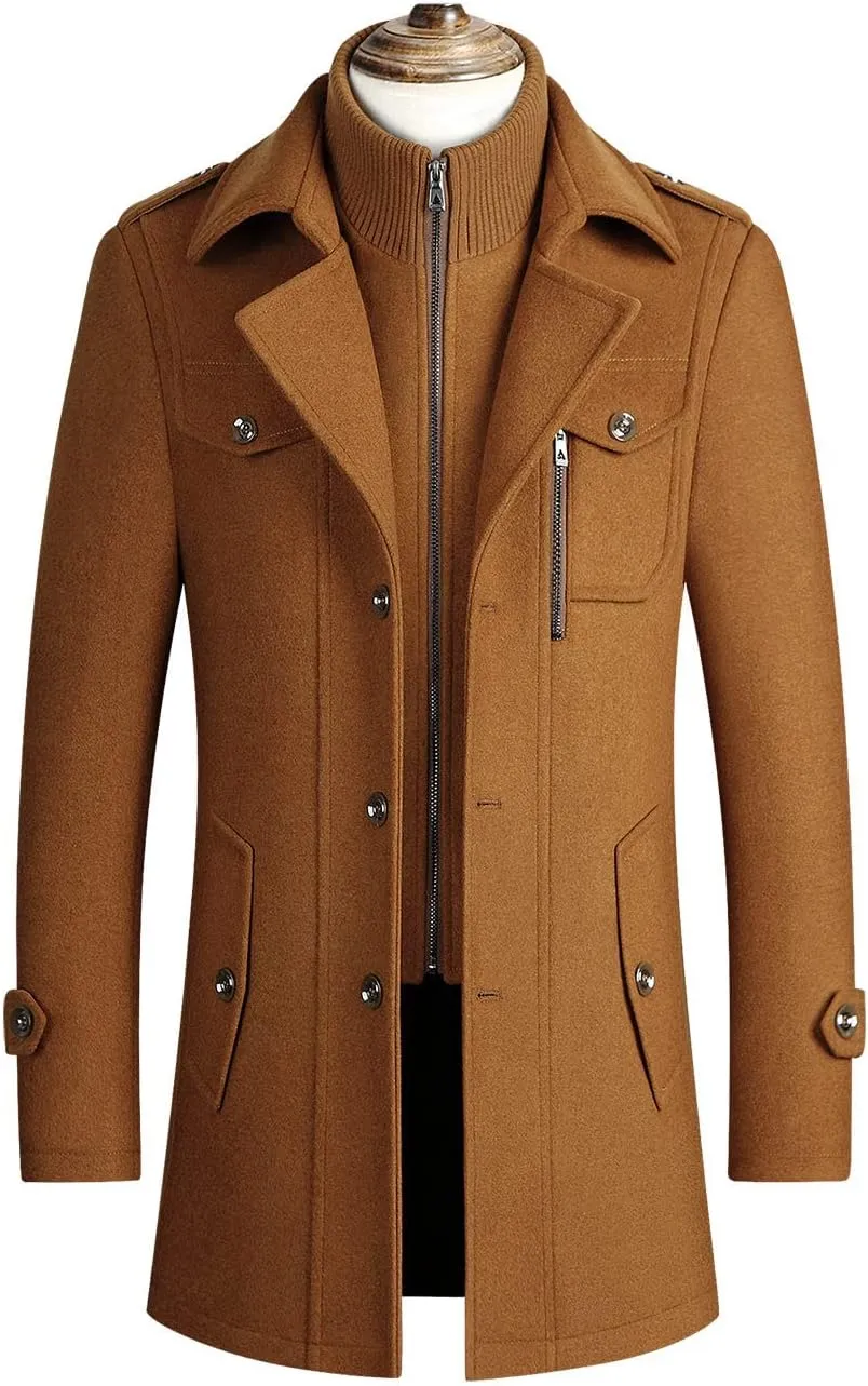 Mens Mid Length Trench Coat Big and Tall Wool Trench Coat Zip Up Pea Coat Slim Fit Lapel Jacket with Pockets