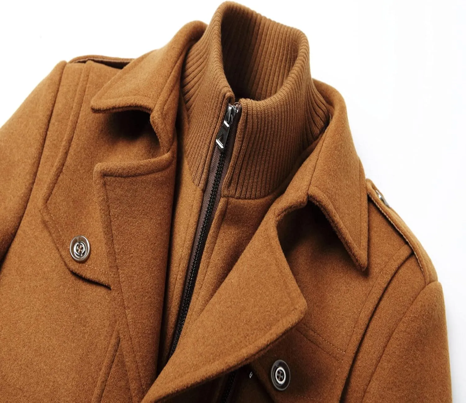 Mens Mid Length Trench Coat Big and Tall Wool Trench Coat Zip Up Pea Coat Slim Fit Lapel Jacket with Pockets