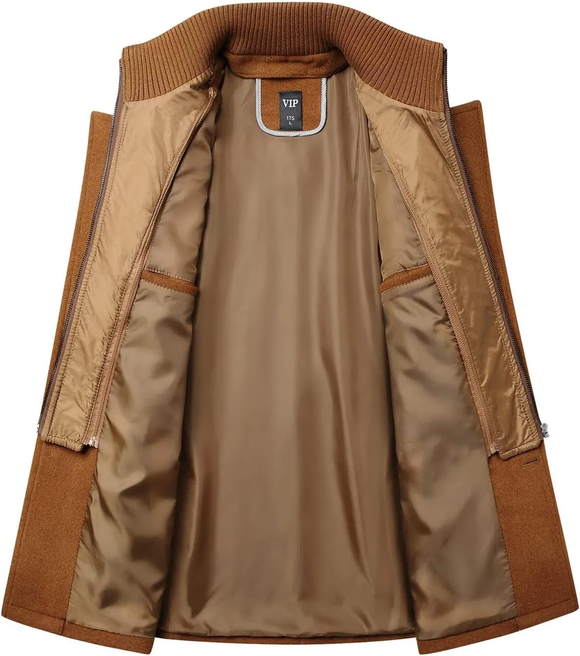 Mens Mid Length Trench Coat Big and Tall Wool Trench Coat Zip Up Pea Coat Slim Fit Lapel Jacket with Pockets