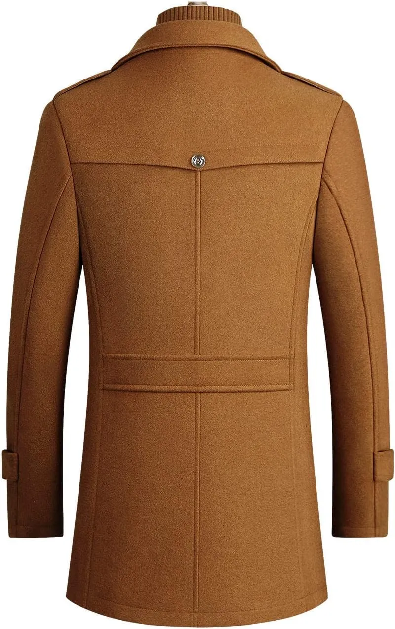 Mens Mid Length Trench Coat Big and Tall Wool Trench Coat Zip Up Pea Coat Slim Fit Lapel Jacket with Pockets