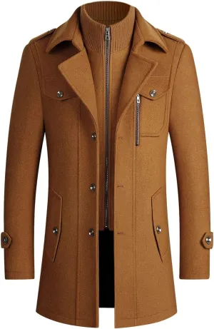 Mens Mid Length Trench Coat Big and Tall Wool Trench Coat Zip Up Pea Coat Slim Fit Lapel Jacket with Pockets