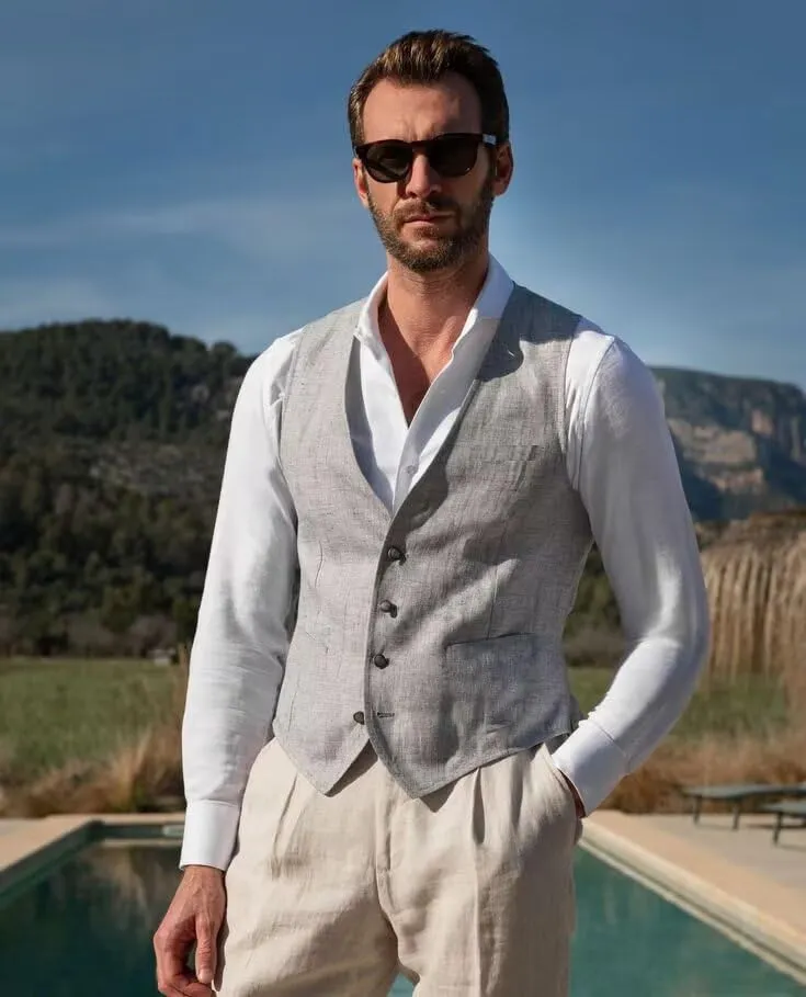 Men's Summer Linen Suit Vest Slim Fit Vintage Dress Vest Beach Wedding Casual Waistcoat for Party Groomsmen