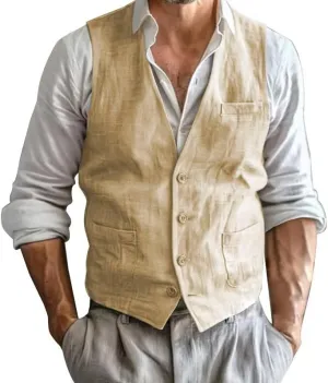 Men's Summer Linen Suit Vest Slim Fit Vintage Dress Vest Beach Wedding Casual Waistcoat for Party Groomsmen
