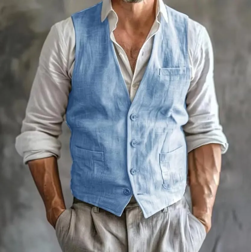Men's Summer Linen Suit Vest Slim Fit Vintage Dress Vest Beach Wedding Casual Waistcoat for Party Groomsmen