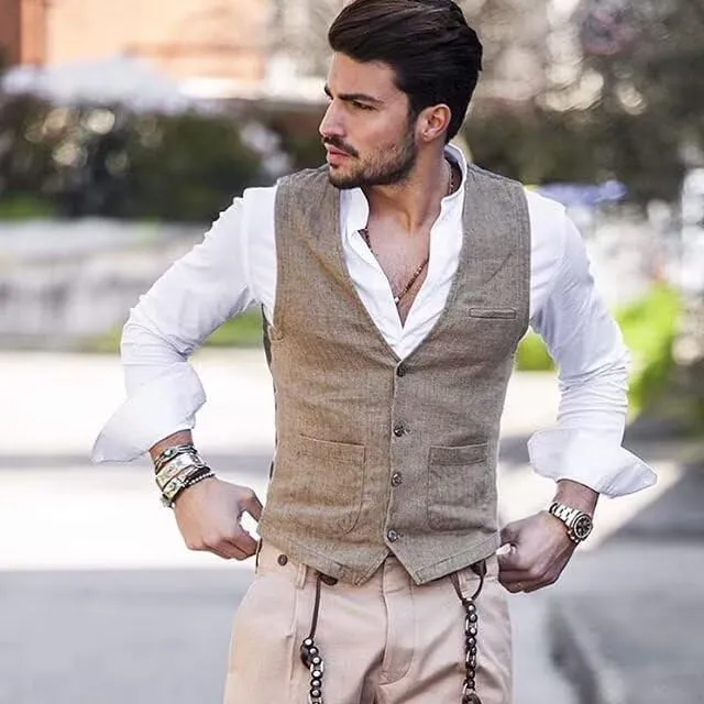 Men's Summer Linen Suit Vest Slim Fit Vintage Dress Vest Beach Wedding Casual Waistcoat for Party Groomsmen