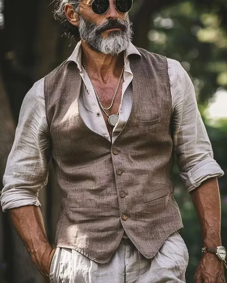 Men's Summer Linen Suit Vest Slim Fit Vintage Dress Vest Beach Wedding Casual Waistcoat for Party Groomsmen