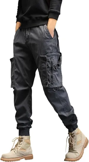 Men's Sweatpants Zipper Pockets Outdoor Hiking Foot Trousers Solid Color Casual Joggers Plus Size Fashion Cargo Pants