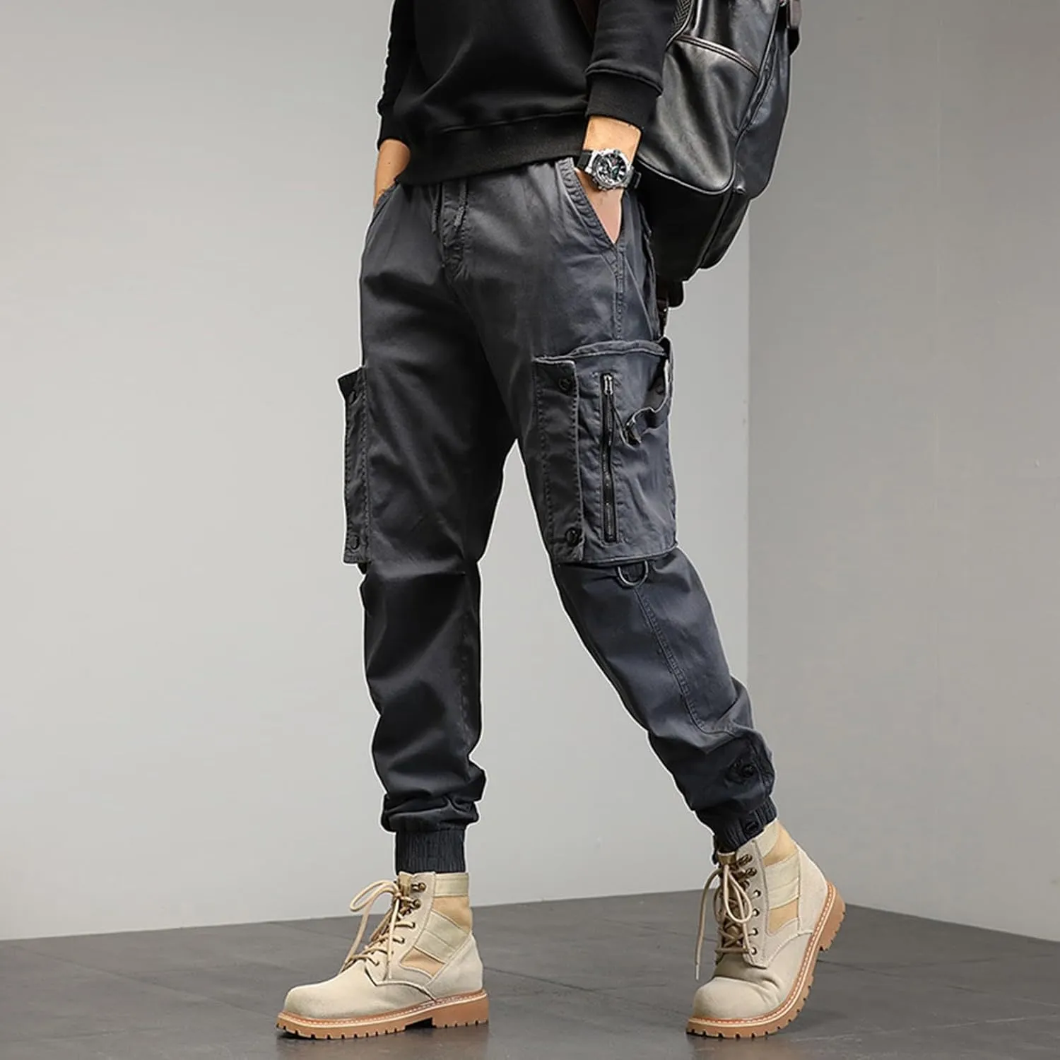 Men's Sweatpants Zipper Pockets Outdoor Hiking Foot Trousers Solid Color Casual Joggers Plus Size Fashion Cargo Pants