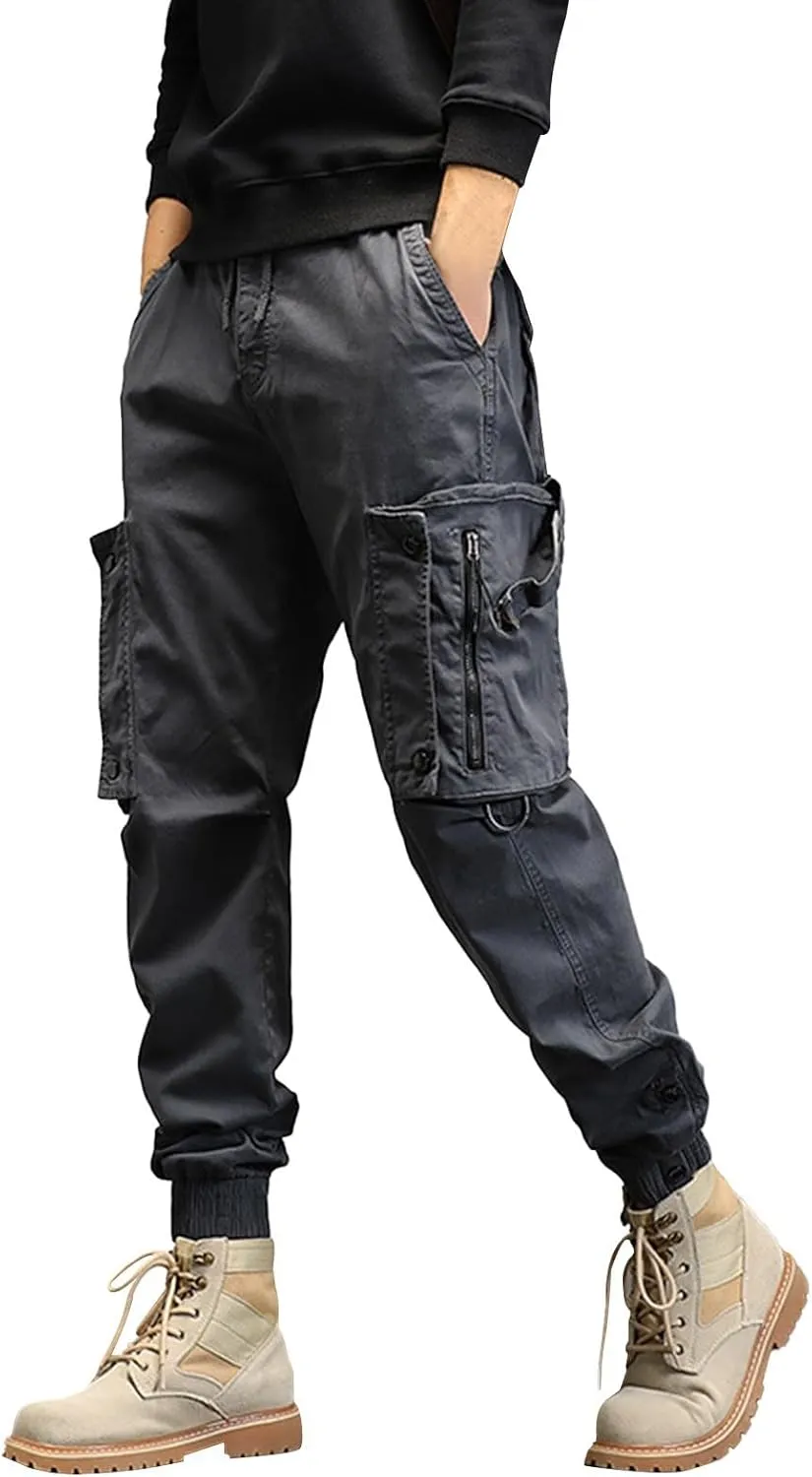 Men's Sweatpants Zipper Pockets Outdoor Hiking Foot Trousers Solid Color Casual Joggers Plus Size Fashion Cargo Pants