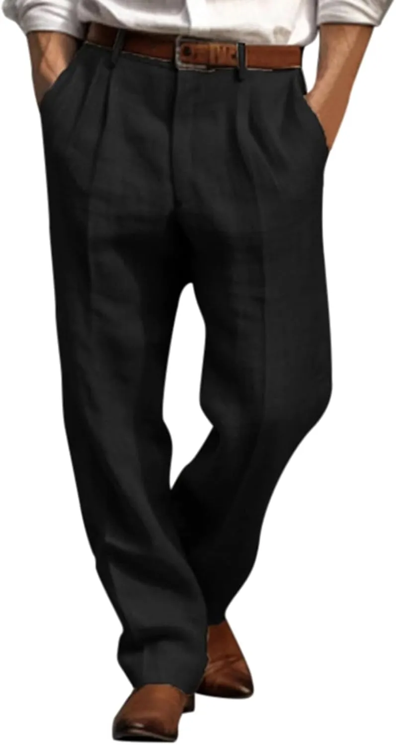 Mens Tuxedo Pants Casual Cotton Linen Pants for Men Summer Elastic Waist Drawstring Yoga Beach Pants Loose Fit Running Trousers Chino Pant Men