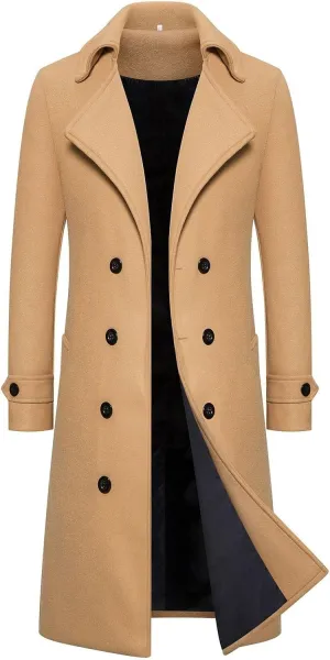 Men's Winter Classic Long Jacket Warm Trench Single Breasted Overcoat with Pockets