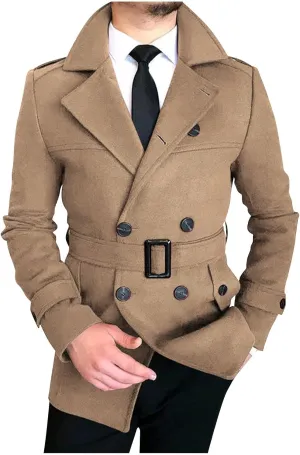 Men's Winter Coats Double Breasted Lapel Overcoat Classic Pea Coat Long Sleeve Trendy Fashion Trench Coat with Belt