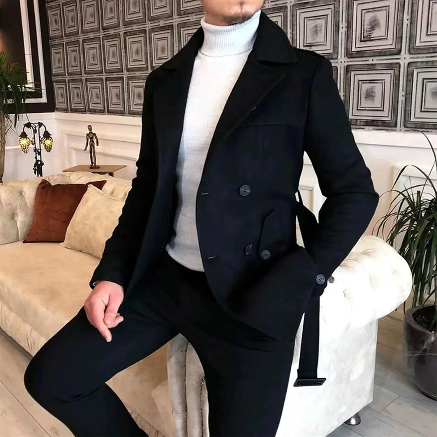 Men's Winter Coats Double Breasted Lapel Overcoat Classic Pea Coat Long Sleeve Trendy Fashion Trench Coat with Belt