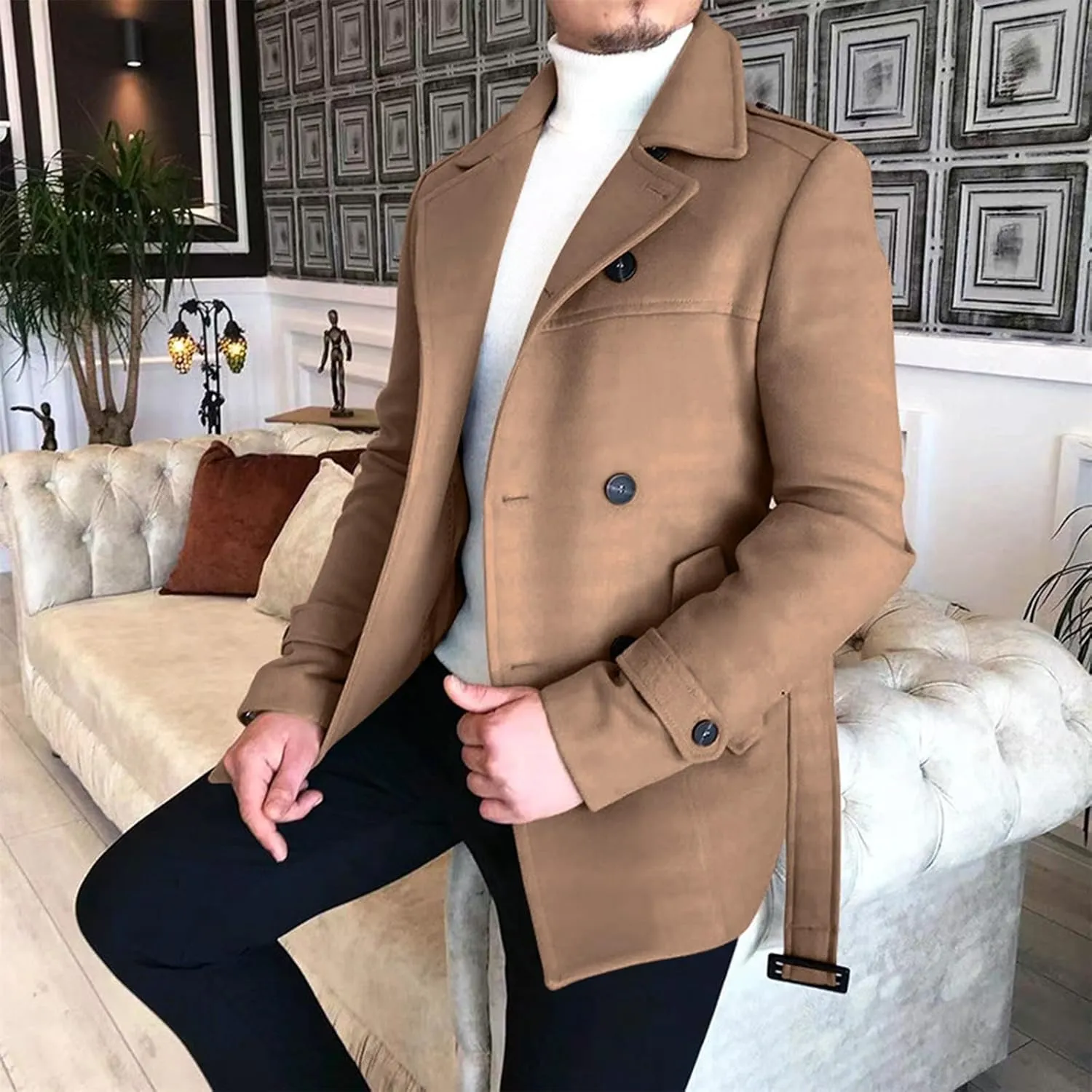 Men's Winter Coats Double Breasted Lapel Overcoat Classic Pea Coat Long Sleeve Trendy Fashion Trench Coat with Belt