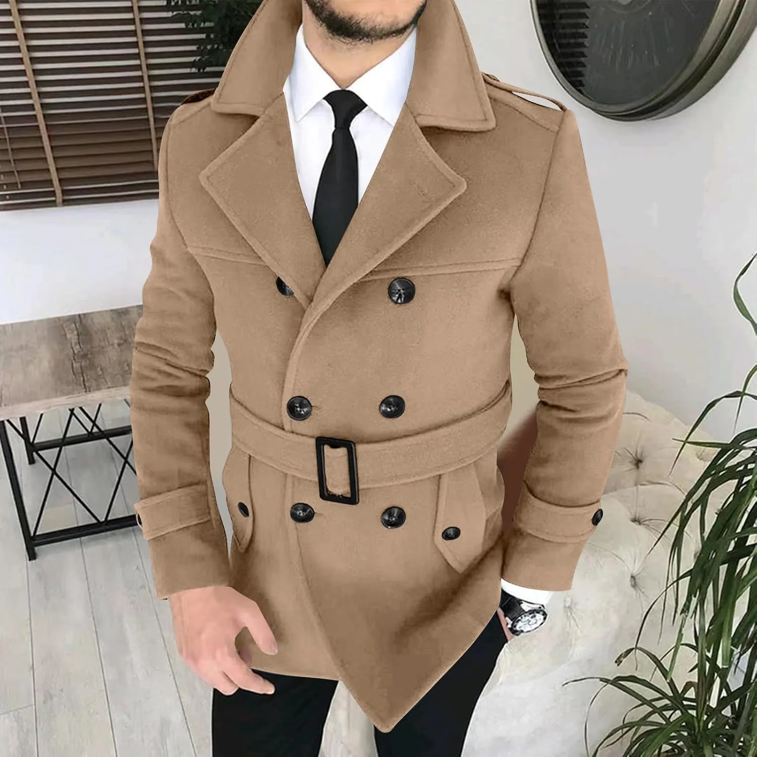 Men's Winter Coats Double Breasted Lapel Overcoat Classic Pea Coat Long Sleeve Trendy Fashion Trench Coat with Belt