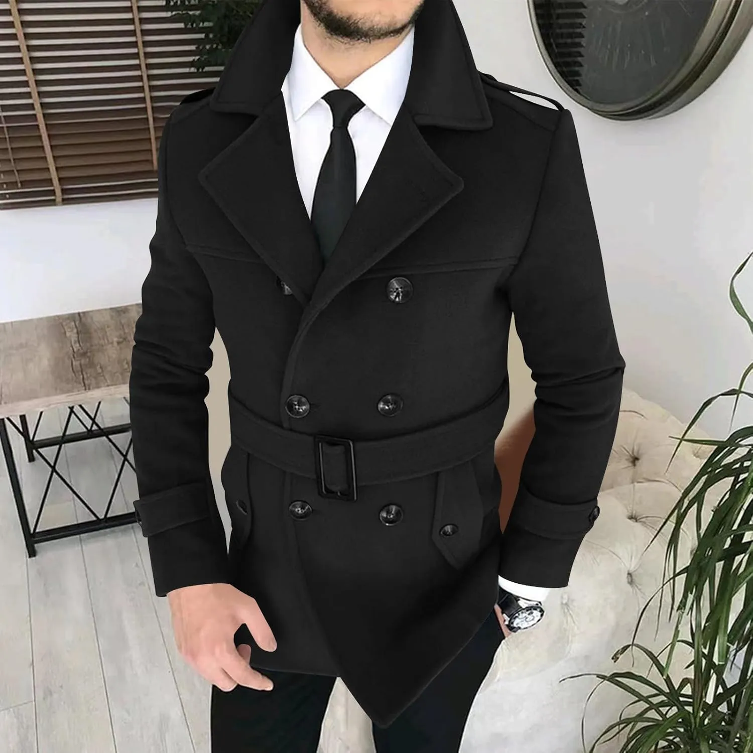 Men's Winter Coats Double Breasted Lapel Overcoat Classic Pea Coat Long Sleeve Trendy Fashion Trench Coat with Belt