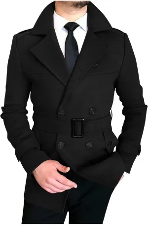 Men's Winter Coats Double Breasted Lapel Overcoat Classic Pea Coat Long Sleeve Trendy Fashion Trench Coat with Belt