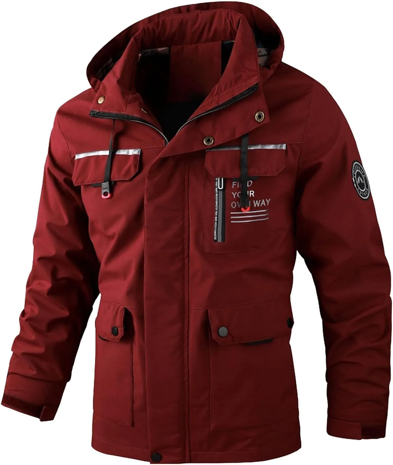 Men's Winter Solid Color Hooded Coat Waterproof Fleece Parka Thick Warm Parka Jacket with Faux Fur Removable Hood