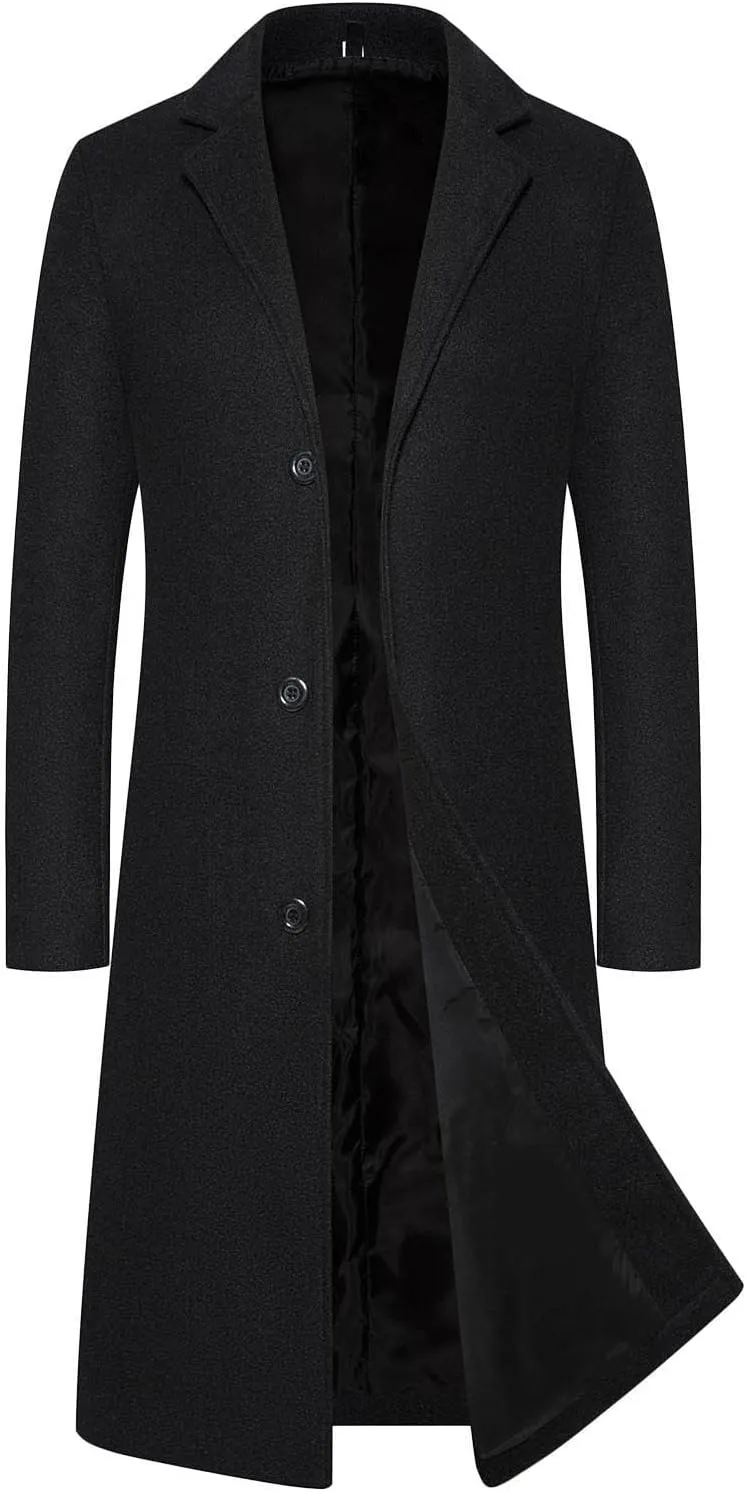 Men's Winter Trench Coat Full Length Single Breasted Warm Pea coat Wool Blend Long Windbreaker Notch Lapel Overcoat