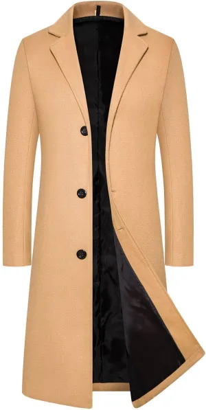 Men's Winter Trench Coat Full Length Single Breasted Warm Pea coat Wool Blend Long Windbreaker Notch Lapel Overcoat