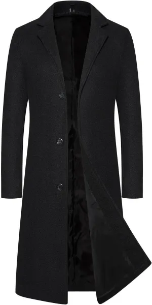 Men's Winter Trench Coat Full Length Single Breasted Warm Pea coat Wool Blend Long Windbreaker Notch Lapel Overcoat