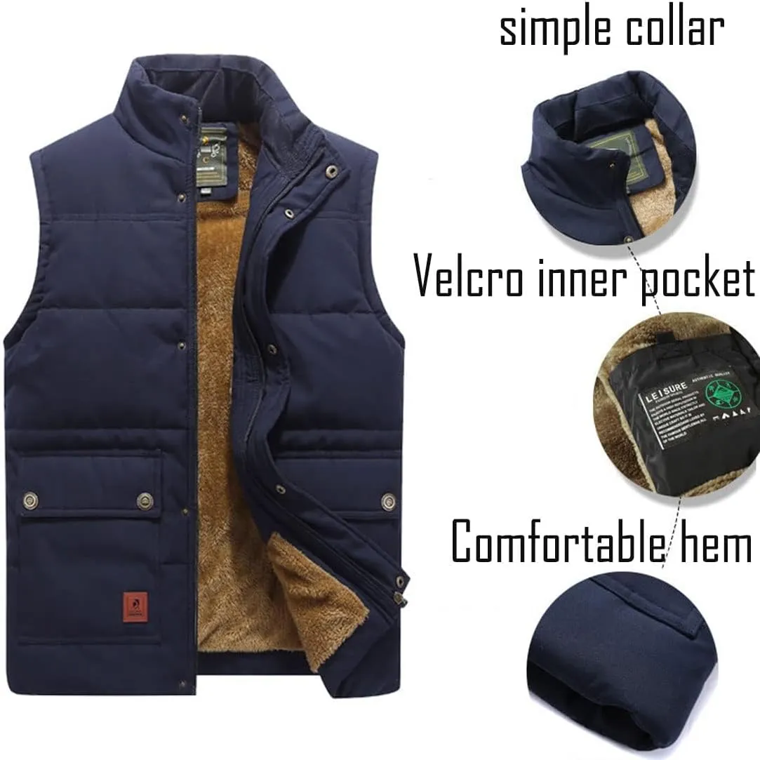 Men's Winter Warm Outdoor Padded Puffer Vest Thick Fleece Lined Sleeveless Jacket