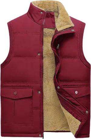 Men's Winter Warm Outdoor Padded Puffer Vest Thick Fleece Lined Sleeveless Jacket