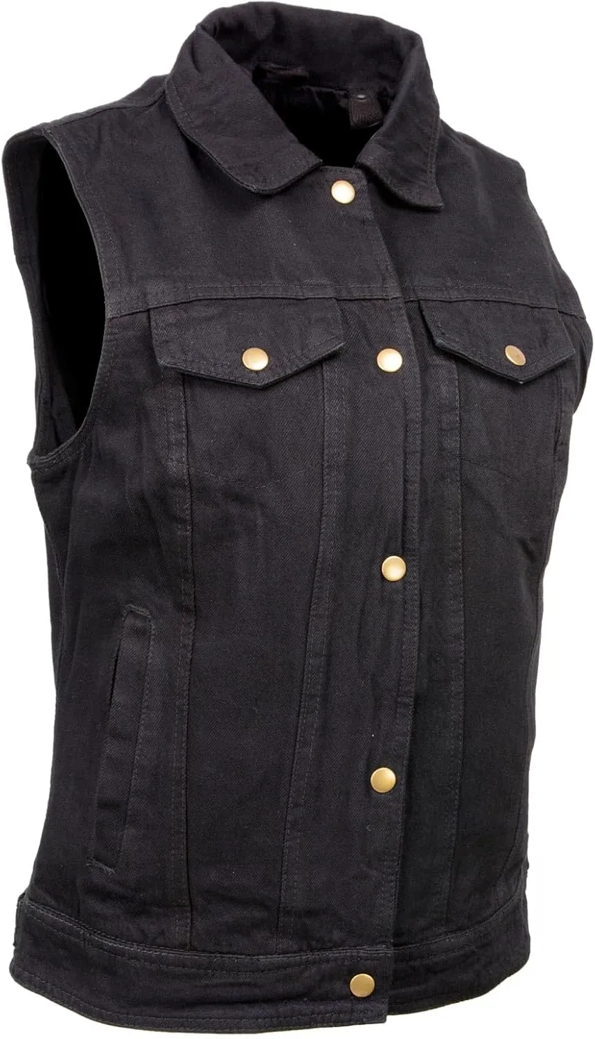 Milwaukee Leather MDL4002 Women's Black Denim 2 in 1 Shirt Style Collar Motorcycle Rider Vest W/Removable Hoodie