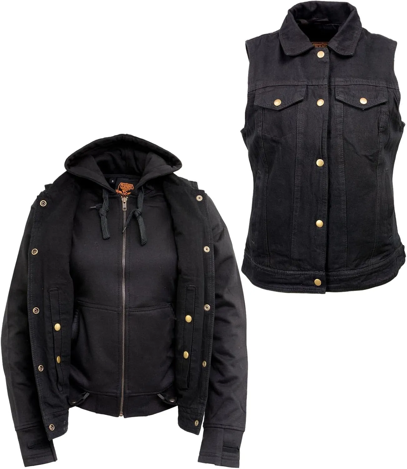 Milwaukee Leather MDL4002 Women's Black Denim 2 in 1 Shirt Style Collar Motorcycle Rider Vest W/Removable Hoodie