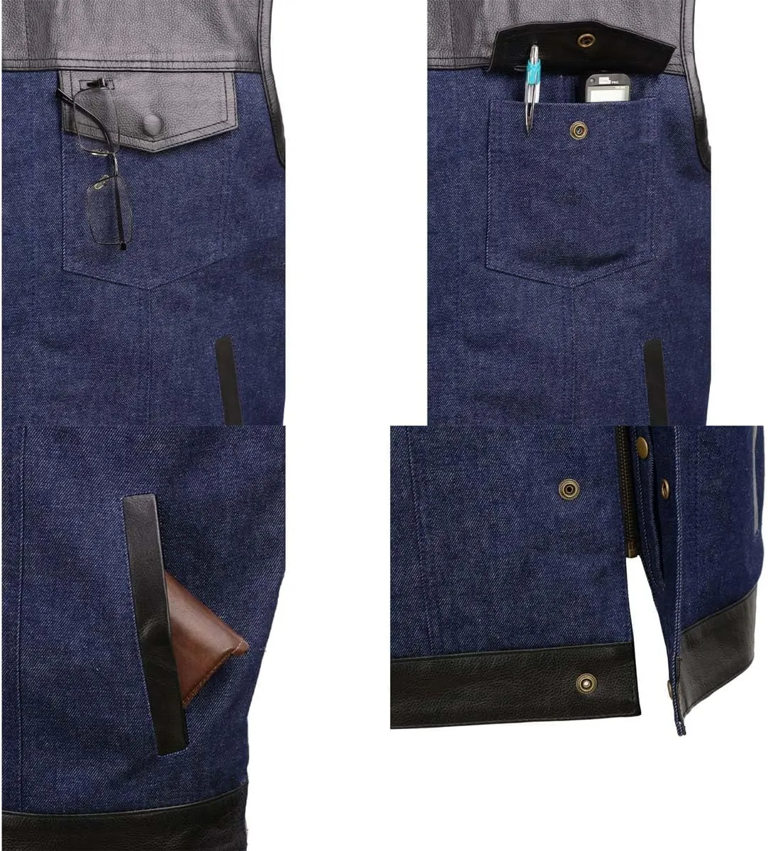 Milwaukee Leather MDM3004 Men's Brute Dual Closure Blue Denim and Black Leather Club Style Vest