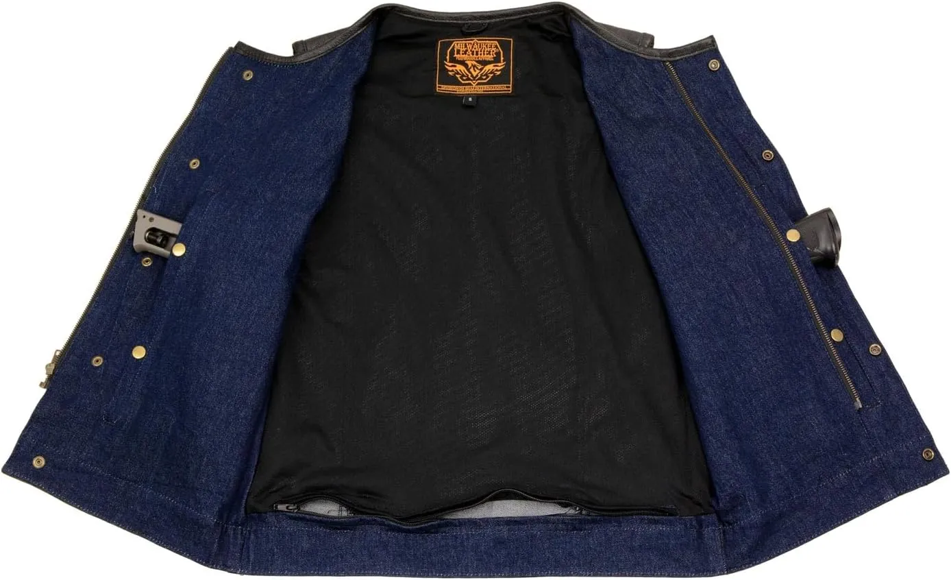 Milwaukee Leather MDM3004 Men's Brute Dual Closure Blue Denim and Black Leather Club Style Vest