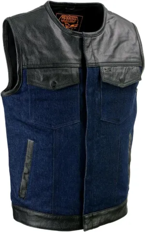 Milwaukee Leather MDM3004 Men's Brute Dual Closure Blue Denim and Black Leather Club Style Vest