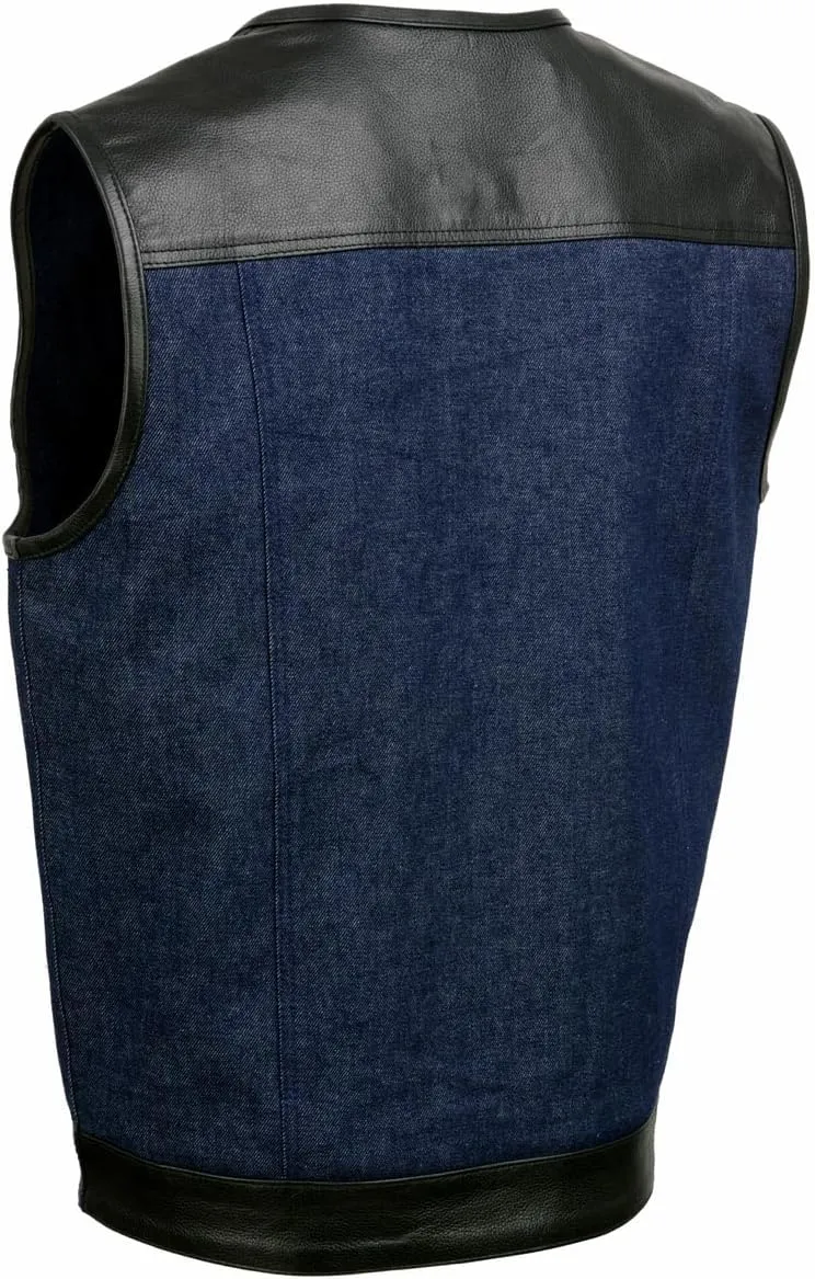 Milwaukee Leather MDM3004 Men's Brute Dual Closure Blue Denim and Black Leather Club Style Vest