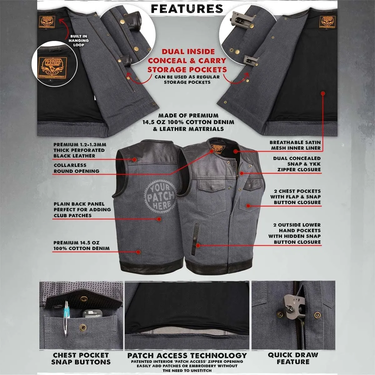 Milwaukee Leather MDM3005 Men's Brute Grey Denim w/Black Perforated Leather Club Style Vest w/Hidden Dual Closure