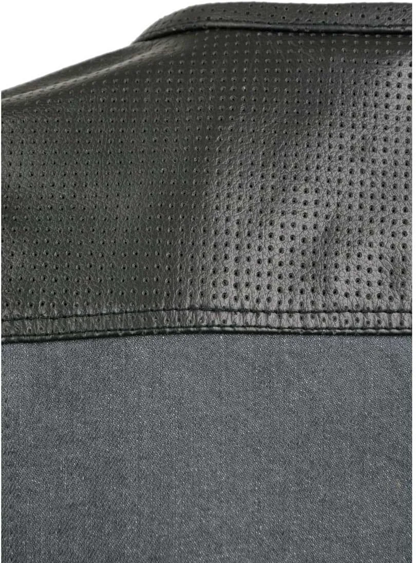 Milwaukee Leather MDM3005 Men's Brute Grey Denim w/Black Perforated Leather Club Style Vest w/Hidden Dual Closure