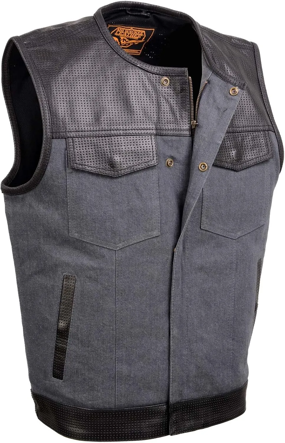 Milwaukee Leather MDM3005 Men's Brute Grey Denim w/Black Perforated Leather Club Style Vest w/Hidden Dual Closure