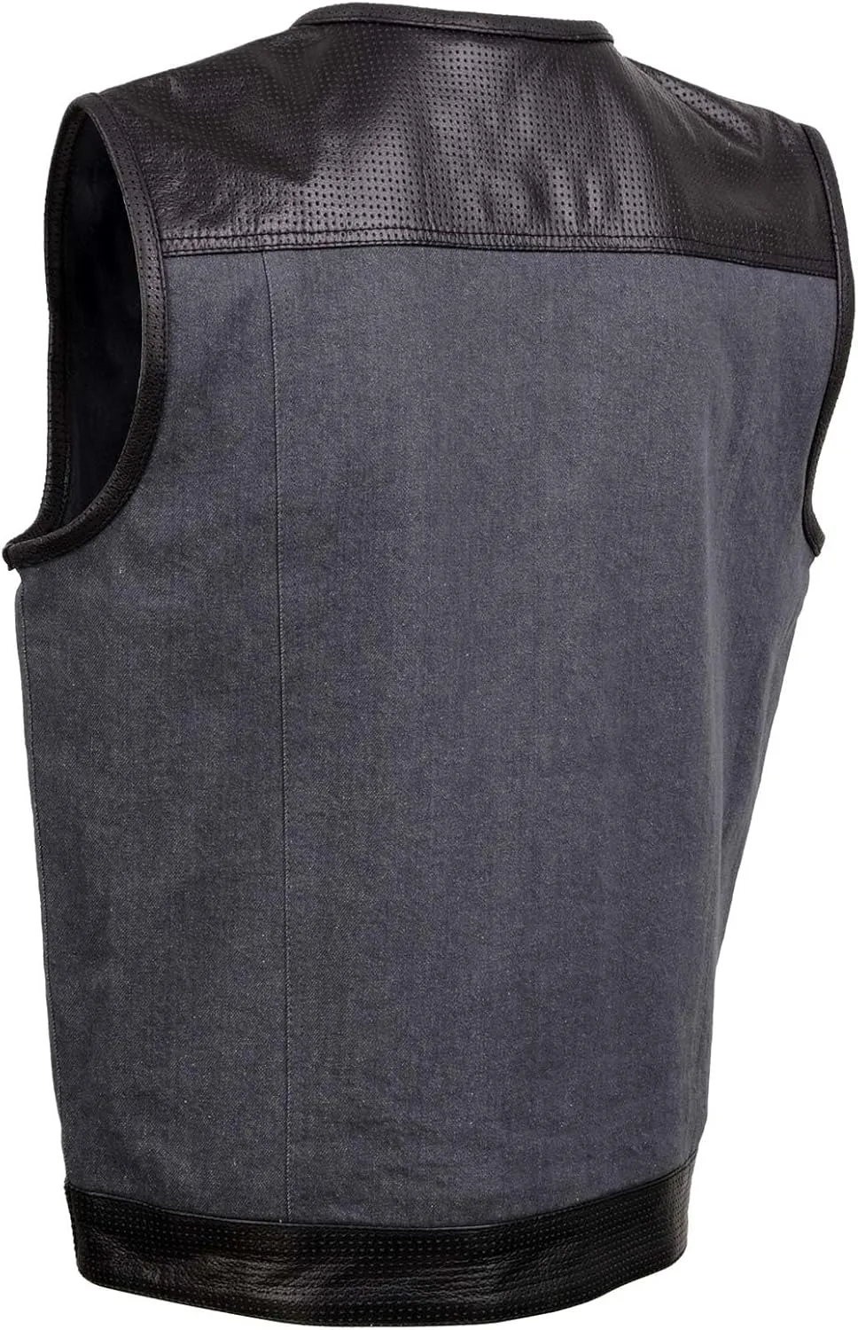 Milwaukee Leather MDM3005 Men's Brute Grey Denim w/Black Perforated Leather Club Style Vest w/Hidden Dual Closure