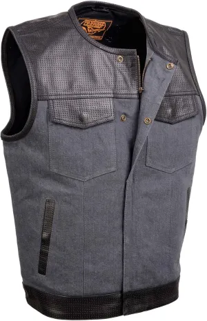 Milwaukee Leather MDM3005 Men's Brute Grey Denim w/Black Perforated Leather Club Style Vest w/Hidden Dual Closure