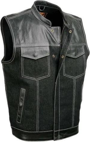 Milwaukee Leather MDM3006 Men's 'Brute' Black Denim and Black Leather Club Style Vest w/Hidden Dual Closure
