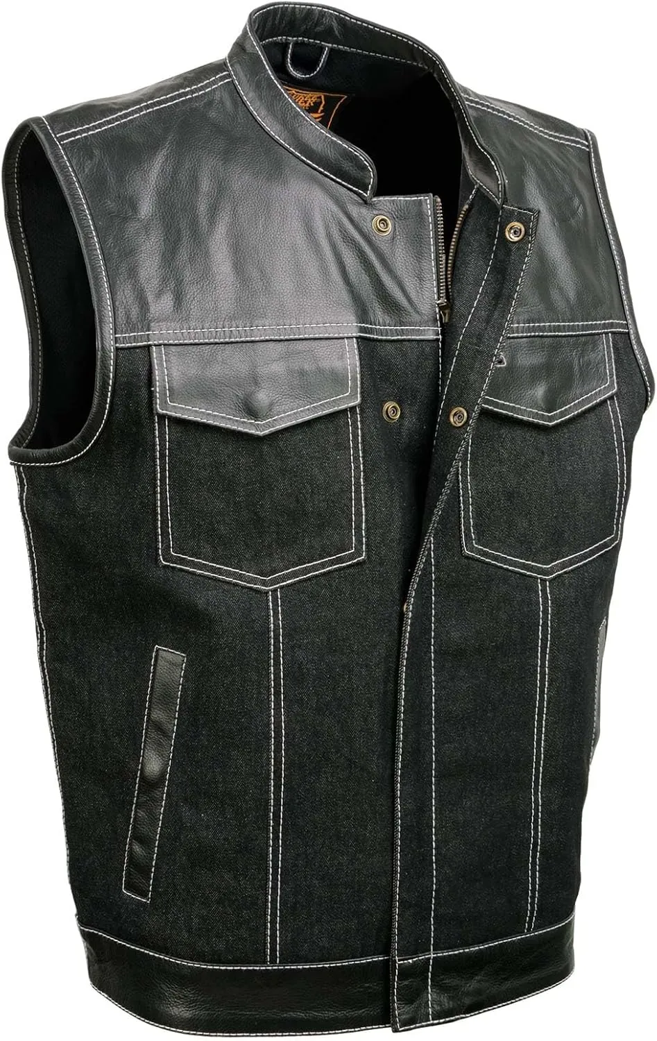 Milwaukee Leather MDM3006 Men's 'Brute' Black Denim and Black Leather Club Style Vest w/Hidden Dual Closure