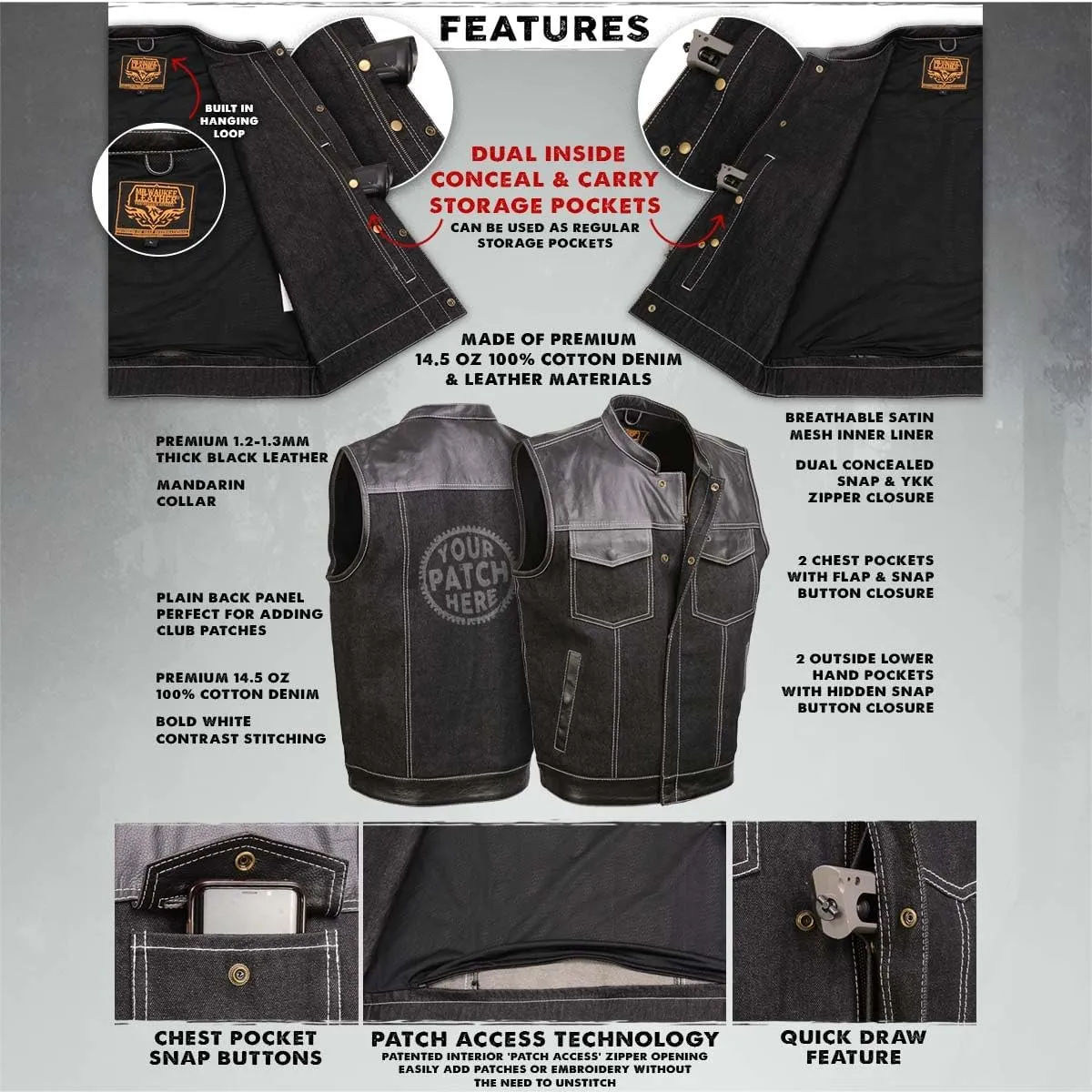 Milwaukee Leather MDM3006 Men's 'Brute' Black Denim and Black Leather Club Style Vest w/Hidden Dual Closure