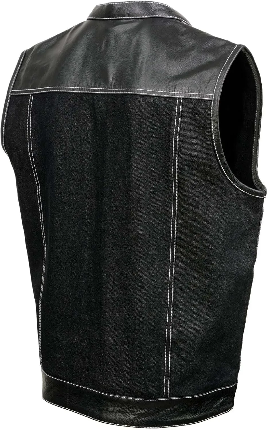 Milwaukee Leather MDM3006 Men's 'Brute' Black Denim and Black Leather Club Style Vest w/Hidden Dual Closure