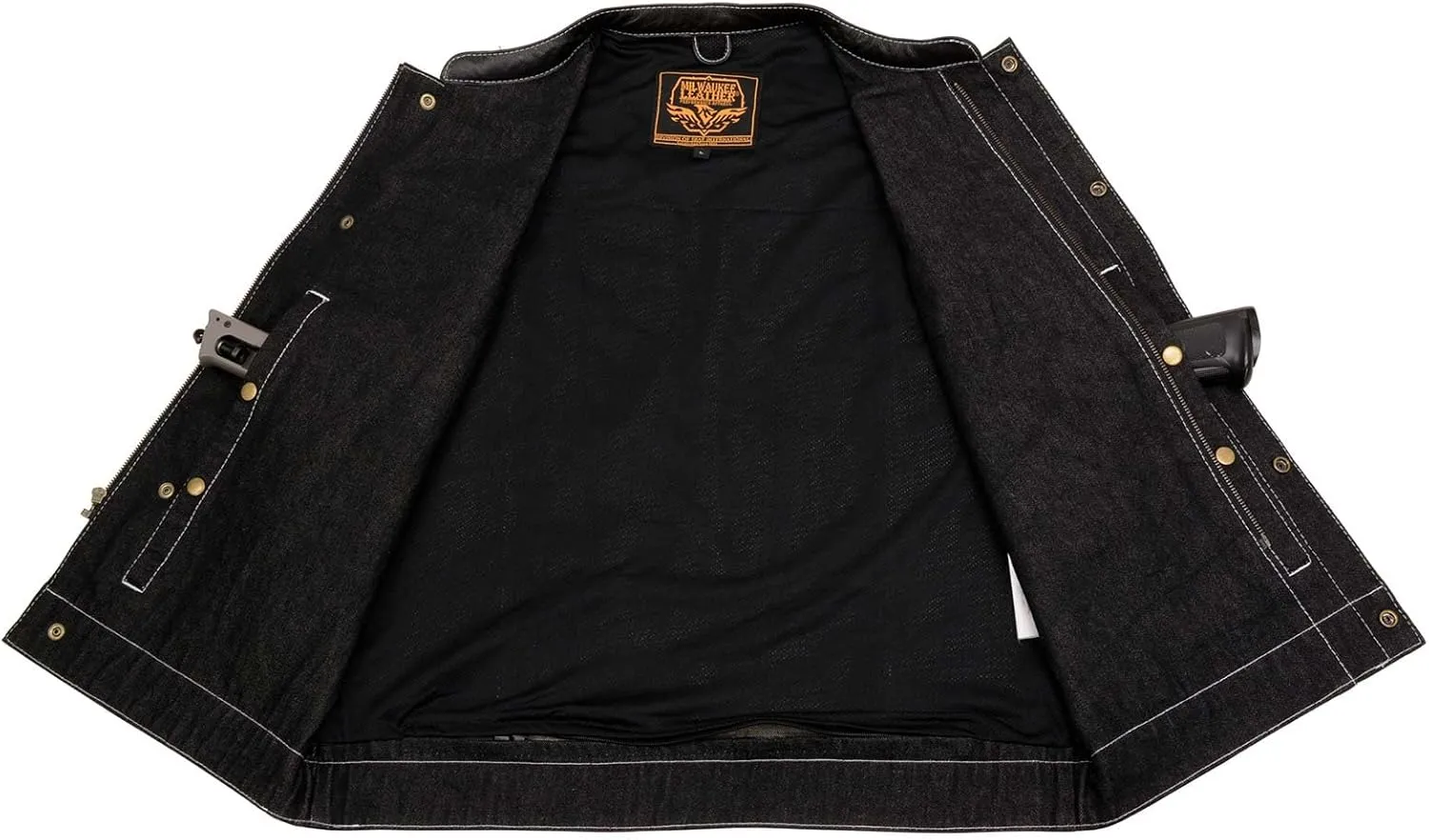 Milwaukee Leather MDM3006 Men's 'Brute' Black Denim and Black Leather Club Style Vest w/Hidden Dual Closure