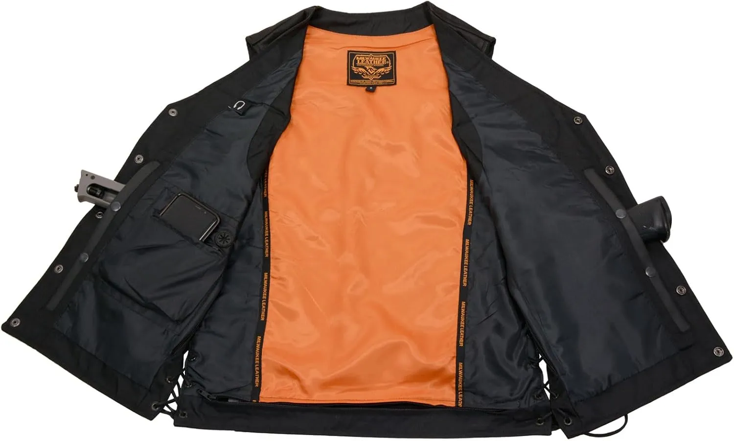 Milwaukee Leather MLM3517 Men's Black Premium Leather Classic V-Neck Side Lace Motorcycle Rider Vest